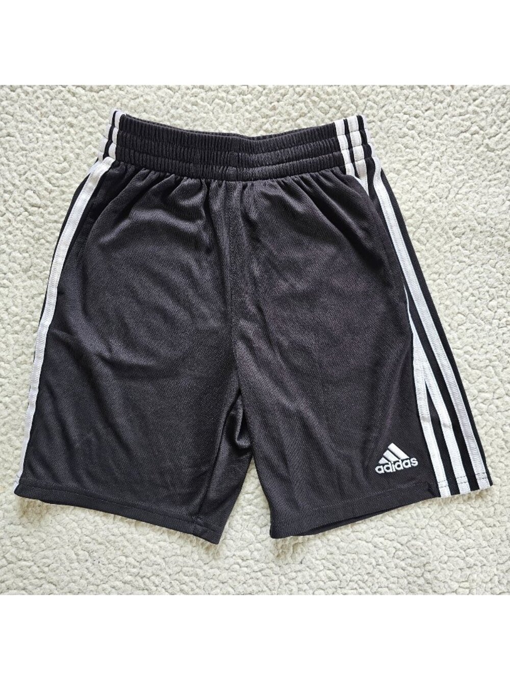 Adidas Youth Black Shorts M 10/12 White Stripes 100% Polyester Elastic Waistband